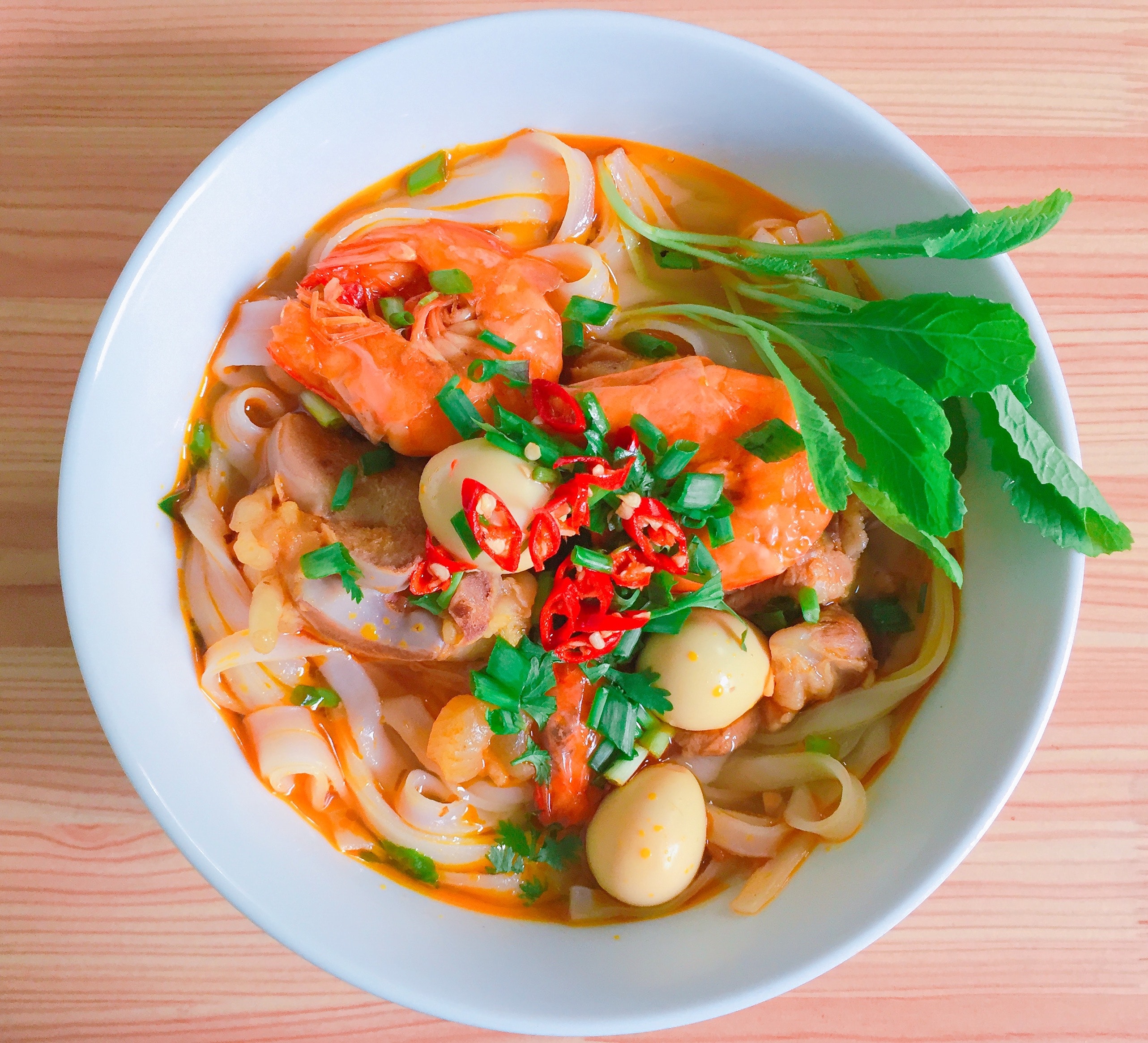 Asian noodle spup with shrimp and chili